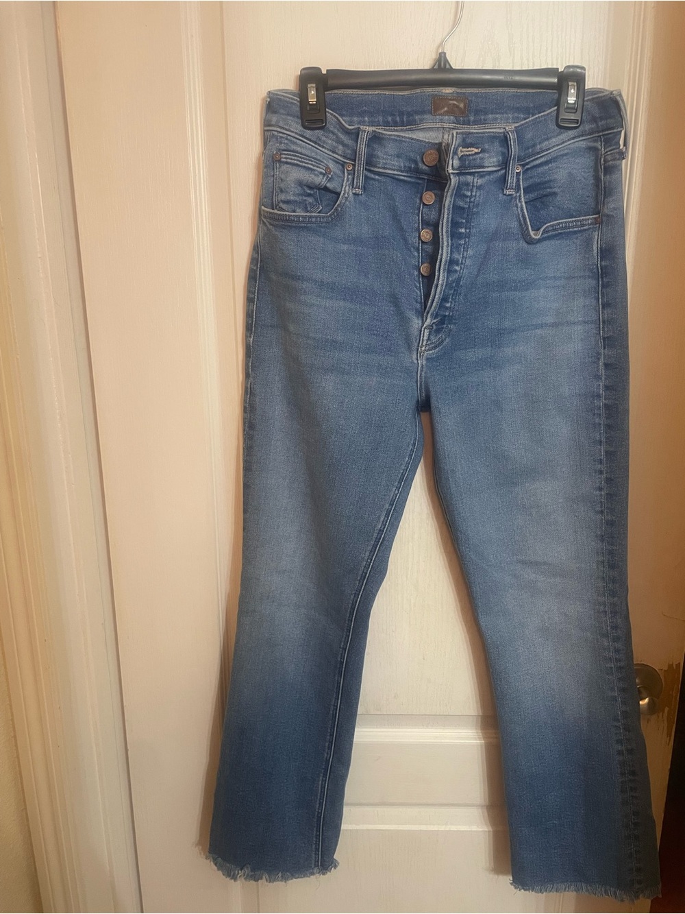 MOTHER Women's Medium Blue High-Rise Button-Fly Cropped Jeans